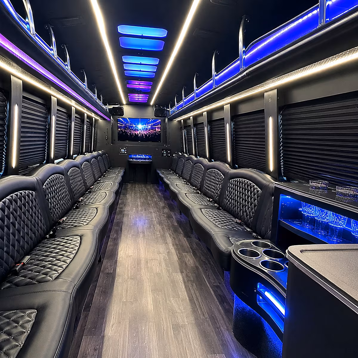 Wedding guests seated inside a party bus serving Sterling Heights