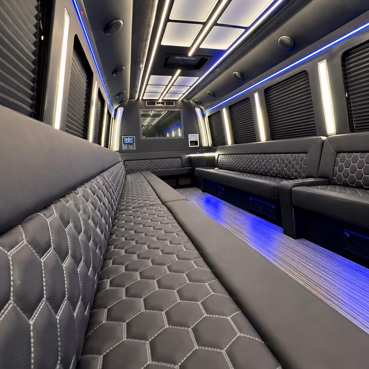 Passenger seating aboard a party bus rental serving Sterling Heights